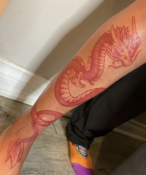 Dragon Around Leg Tattoo, Dragon Calf Tattoos For Women, Dragon Shin Tattoo, Red Leg Tattoo, Dragon Calf Tattoo, Dragon Tattoo Leg, Dragon Thigh Tattoo, Calf Tattoos For Women, Tiger Hand Tattoo