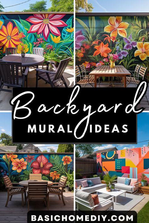 Elevate your outdoor space with Unique Backyard Mural Ideas for Garden and Fence! Explore creative outdoor art and mural designs that transform your garden and fence into a living masterpiece. From vibrant landscapes to whimsical motifs, these ideas will breathe life into your backyard oasis. 🌿🎨🌼 #OutdoorDecor #GardenArt #MuralIdeas #BackyardBeauty Outdoor Patio Mural Ideas, Garden Graffiti Wall, Easy Fence Mural Ideas, Diy Garden Wall Art, Decorative Outdoor Wall Ideas, Outside Murals Gardens, Funky Backyard Ideas, Outdoor Garden Mural, Garden Mural Outdoor Wall Art Easy