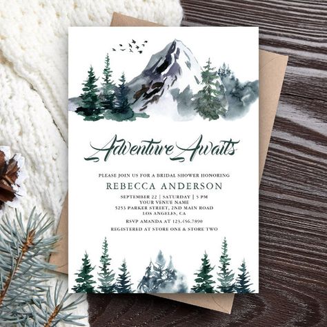 National Park Wedding Shower Theme, Bridal Shower Hiking Theme, Mountain Wedding Theme Ideas, Outdoorsy Bridal Shower Theme, Adventure Awaits Bridal Shower Theme, Mountain Bridal Shower Theme, Let The Adventure Begin Wedding, Adventure Wedding Theme, Mountain Themed Wedding