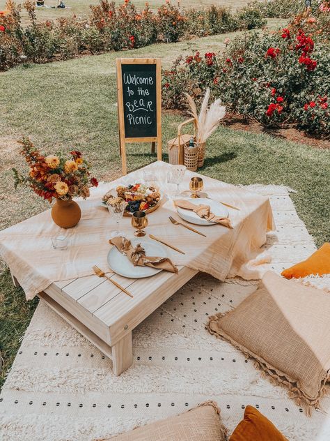 Outdoor Picknick Ideas, Diy Romantic Picnic, Brown Picnic Ideas, Cozy Picnic Ideas, Fancy Picnic For Two, Picnic Decor Ideas Outdoor, One Year Anniversary Picnic, Picnic Arrangement Ideas, Outdoor Romantic Picnic