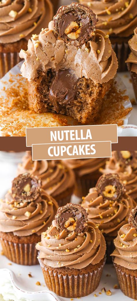 These Nutella Cupcakes are made with Nutella in the cupcake, a Nutella filling, and fluffy Nutella buttercream! They are east to make, moist, and bursting at the seams with amazing chocolate-hazelnut flavor! Nutella Mini Cake, Vanilla Nutella Cake, Chocolate Nutella Cupcakes, Foods With Nutella, Cupcake Filled Recipes, Nutella Filled Cupcakes, Coffee Cupcakes With Box Cake, Fun Flavored Cupcakes, Unique Cupcake Flavors Recipes