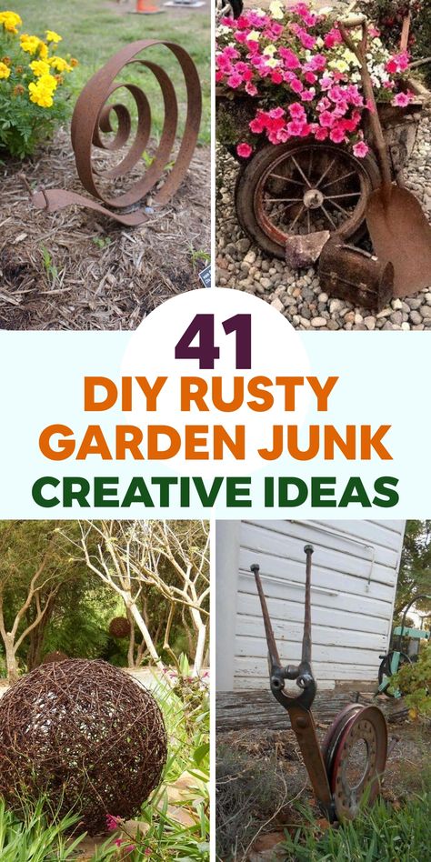 Transform your garden with creative DIY projects using old rusty items. Upcycle an outdated metal chair into a one-of-a-kind plant stand by repurposing it with an upcycled planter. Breathe new life into a worn-out bicycle by converting it into a charming flower display for your outdoor space. Get artistic and craft a unique rusty metal sculpture by welding together salvaged pieces. Creative Plant Stands Outdoor, Plant Stand Ideas Outdoor, Outdoor Plant Stand Ideas, Old Metal Chairs, Recycled Garden Planters, Rusty Junk, Old Door Projects, Spiral Garden, Pebble Garden