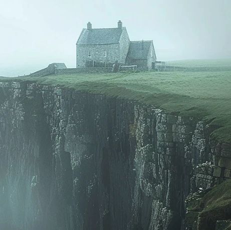 Ben Myhre on Instagram: "Tour through a Cliffside Cottage 🪨🏡☁️🌿  Shrouded in a perpetual veil of mist, this solitary cottage stands atop the craggy cliff, overlooking the whispering tides of the abyss below. Its stone walls, battered by the winds of countless storms, hold the secrets of the edge, a silent witness to the eternal dance between land and sea. . Conjured using a blend of Midjourney AI, Photoshop and Topaz 🧙‍♂️🪄 . Please be sure to credit if you share and clearly label they are imaginary AI assisted scenes to avoid any misconceptions🙏 . . #midjourney  #midjourneyart  #midjourneyai #ai #aigenerated #homesweethome #hogwartslegacy #hogwartsismyhome #middleearth #cottage #cottagecore #aiart #nature #naturelovers #stone #cliffside #cozy #witchaesthetic #storybook #countryside # Someone Standing On A Cliff, Cottage On A Cliff, Abyss Aesthetic, House On Cliff, Grave Encounters, House On A Cliff, Seaside Cliff, Fools Journey, Second Sister