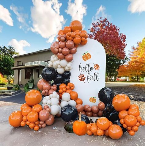 Outdoor Fall Balloon Arch, Outside Balloon Garland, Fall Balloon Decorations, Fall Balloons Decorations, Fall Color Balloon Arch, Orange Balloon Decorations, Fall Festival Balloon Arch, Fall Balloon Backdrop, Thanksgiving Decorations Balloons