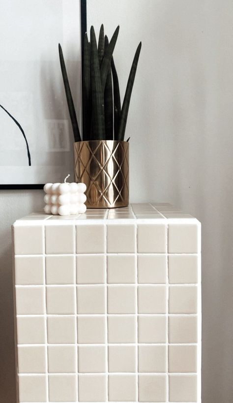 Tile End Table, Tile Bedside Table, Tile Furniture Diy, Coffee Table Tile, Cube Tile, Table Tile, Table Cube, Tiles Furniture, Kensington Apartment