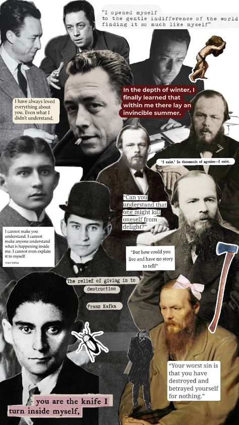 #kafka #dostoyevsky #camus Philosophers Aesthetic, Kafkaesque Art, Aesthetic Literature, Kafka Aesthetic Wallpaper, Philosophy Literature, Dostoyevsky Aesthetic, Camus Aesthetic, Franz Kafka Wallpaper, Kafka Books