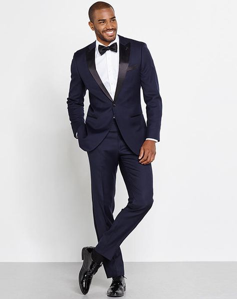 Midnight Blue Tuxedo, Cotton Dress Shirt, Black Satin Butterfly Self-Tie Bow Tie and Silver Onyx Cufflinks | The Black Tux | https://www.theknot.com/fashion/the-holden-outfit-the-black-tux-tuxedo James Bond Suit, Navy Tux, Bond Suits, Blue Tux, Men Suits Wedding, Navy Tuxedos, Wedding Tux, Groom Suits, Blue Suit Wedding