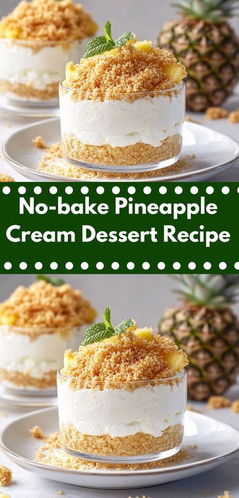 Looking for an easy dessert idea? This no-bake pineapple cream dessert recipe requires minimal effort yet delivers maximum flavor. It’s a delightful choice that your family will love, perfect for warm summer nights. Pineapple Cream Dessert, Cream Desserts Recipes, Easy Dessert Idea, Pineapple Filling, Baked Pineapple, Easy Treat, Fruity Desserts, Cream Desserts, Easy Treats