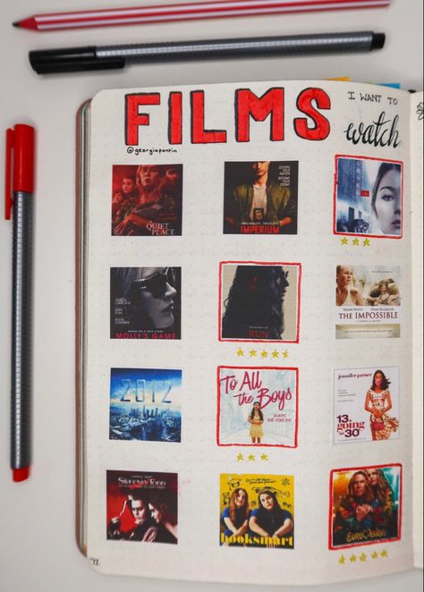 Movie and film posters on a page of A5 dotted bullet journal, watched movies are highlighted in red and have a star rating underneath Movie Journal Template, Bullet Journal Movies To Watch, Bullet Journal Films, Movie Watchlist, Series Journal, Simple Bullet Journal, Binder Journal, Bullet Journal Christmas, Journals Ideas