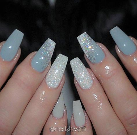 Cornstarch/pale/light/baby/pastel blue, in honor of my dad.  Cred: Flawless Dolls IG Grey Nails, Blue Acrylic Nails, Nagel Inspo, Orange Nails, Acrylic Nails Coffin, Prom Nails, Coffin Nails Designs, Fancy Nails, Nail Arts