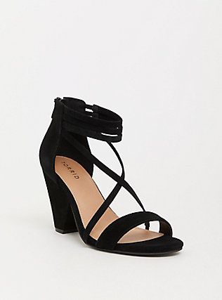 Black Genuine Suede Strappy Cone Heel (Wide Width), BLACK Black Heels Prom, Wide Width Heels, Trendy Heels, Strappy High Heels Sandals, Prom Heels, Strappy High Heels, Fancy Shoes, Cute Heels, Plus Size Black