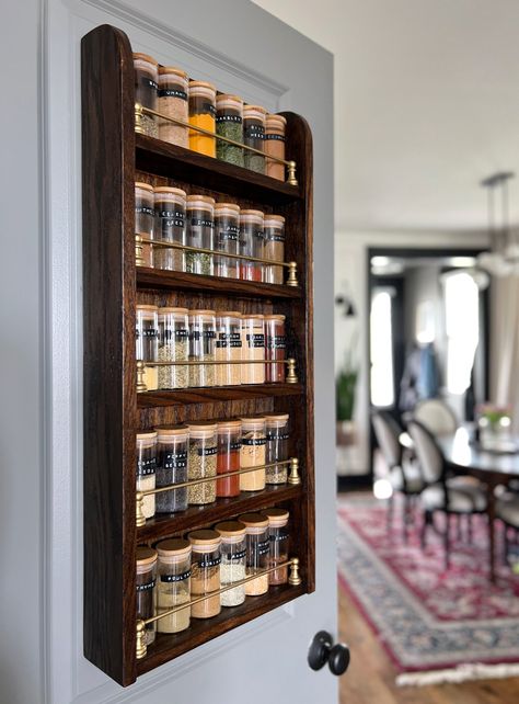 Easy DIY Pantry Door Spice Rack with Brass Rails | Our Aesthetic Abode Diy Wooden Spice Rack, Easy Diy Pantry, Spice Rack Diy, Diy Pantry Door, Pantry Door Spice Rack, Build A Spice Rack, Spice Rack Ideas, Magnetic Spice Tins, Door Spice Rack