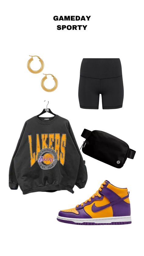 Lakers Inspired Outfit, Nba Gf Outfit, Womens Lakers Outfit, Pacers Game Outfit Woman, Laker Game Outfit Women, Lakers Game Outfit Women, Lakers Outfit Women Style, Laker Outfit Women Style, Nba Game Outfit Woman