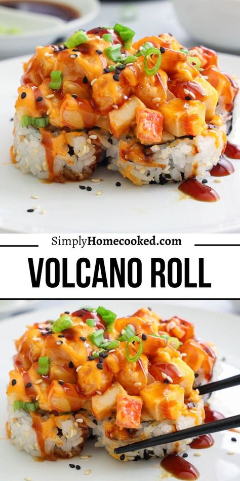 No Fish Sushi Recipes, Spicy Shrimp Sushi Stacks, Crab Sushi Cups, Sushi With Crab Meat, Sushi Shrimp Recipes, Breakfast Sushi Rolls, Spicy Crunchy Tuna Roll, Volcano Roll Sushi Bowl, Homemade Sushi Rolls Crab