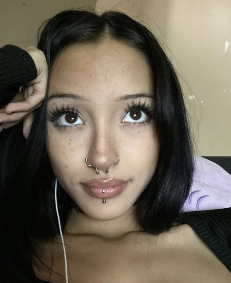 Septum Piercing With Nose Ring And Stud, Septum In Nostril, Nose Piercing Triple, Septum Nose Ring Aesthetic, Nose Peircings Double And Septum, Septum Ring In Nostril, Eyebrow And Nose Piercing Together, Coquette Septum Piercing, Nose Piercing Combinations