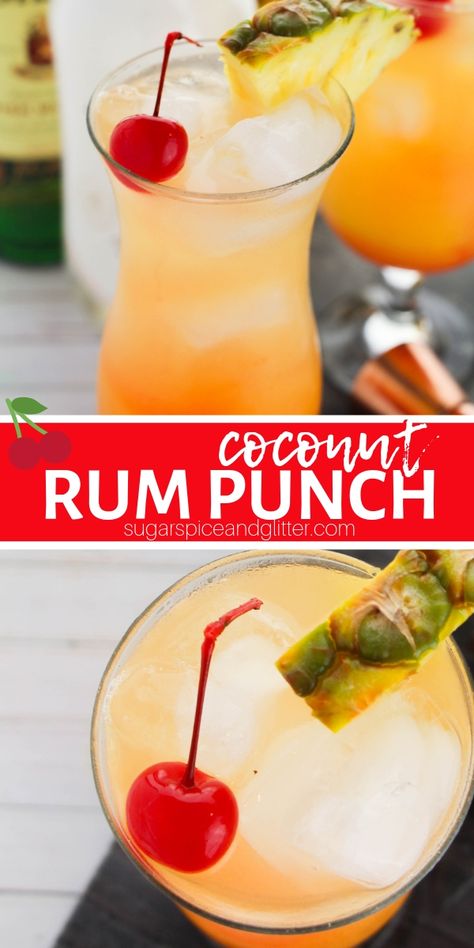 A delicious tropical cocktail recipe, this Coconut Rum Punch tastes like sunshine! A fun party cocktail for summer. #cocktailrecipe #rumpunch #rumcocktail #recipevideo Coconut Rum Punch, Coconut Rum Punches, Rum Punch Recipe, Rum Punch Recipes, Banana Split Dessert, Hawaiian Recipes, Drink Party, Punch Recipe, Rum Punch