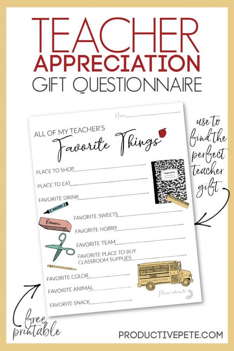 This Teacher Appreciation Gift Questionnaire is a free printable worksheet that your child's teacher fills out with all of their favorite things. This 'Get to Know' Favorite Things form has questions for your child's teacher to help you find a great teacher gift. Use it for teacher gifts at Christmas, Back to School teacher gifts, during Teacher Appreciation Week, or just to say Thank You! #printable #teacher #gift #teacherappreciation #backtoschool #firstdayofschool #teachergift Teacher Appreciation Questionnaire, Teacher Questionnaire For Gifts, Teachers Favorite Things Printable Free, Teacher Questionnaire Free Printable, Teacher Appreciation Worksheet, Gift Questionnaire, Teacher Questionnaire, Teacher Appreciation Gifts Printables, Back To School Teacher Gifts