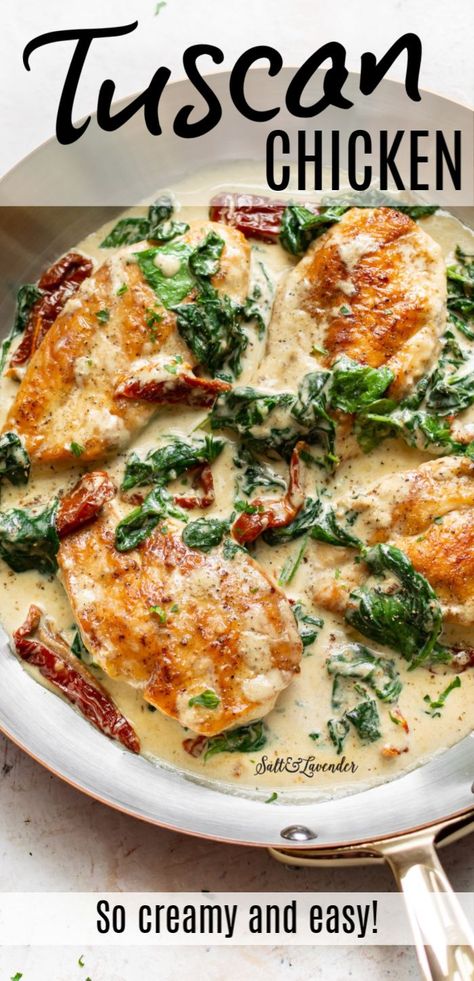 This Olive Garden-inspired recipe with tender pan-fried chicken and a garlic cream sauce with sun-dried tomatoes, spinach, and basil is perfect for an elevated weeknight dinner but tasty enough for company. It's incredibly easy to make and ready in about 30 minutes. Recipes Using Breakfast Sausage, Creamy Tuscan Chicken Recipe, Creamy Tuscan Chicken, Easy Chicken Dinner Recipes, Tuscan Chicken, Healthy Dinner Recipes Chicken, Health Dinner Recipes, Olive Garden, Vegetarian Recipes Dinner