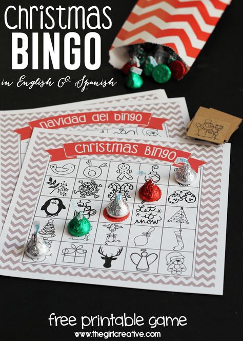 Printable Christmas Bingo Game - in English and Spanish - The Girl Creative - Everything you need to start a new holiday tradition with your family. #justaddkisses Christmas Classroom Games 3rd Grade, Elf Dinner, Future Educator, Holiday Bingo, Christmas Bingo Game, Christmas Hope, Jul Mad, Christmas Caroling, School Christmas Party