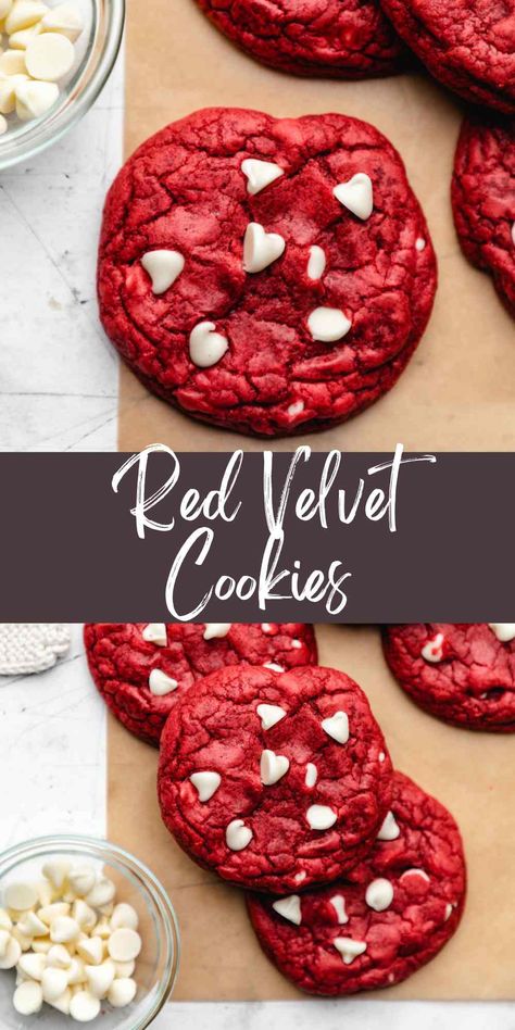 Red Velvet Chocolate Chip Cookies, Red Velvet Cake Mix Cookies, Red Velvet Cookie Recipe, Red Velvet Chocolate, Velvet Cookies, Red Velvet Cake Mix, Red Velvet Cookies, White Chocolate Chip Cookies, Cake Mix Cookies