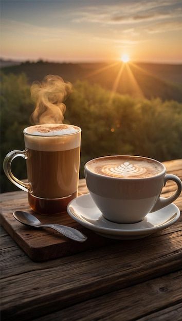 Photo a cup of coffee with the sun setti... | Premium Photo #Freepik #photo Coffee Time Morning, Morning Coffee Photography, Coffee Outside, Sunrise Coffee, Cafe Pictures, Barley Grass, Cosmetic Sets, Plant Based Milk, Coffee Photography