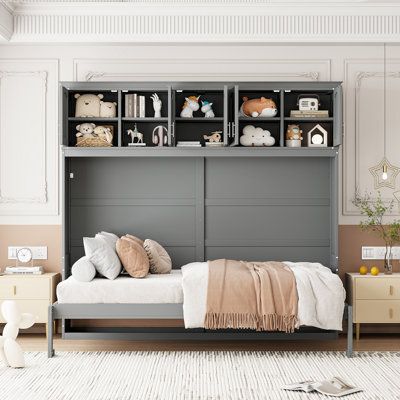 Color: Gray, Size: Queen | Wildon Home® Murphy Bed Wall Bed in Gray | Queen | Wayfair Fold Down Wall Bed, Bed With Top, Queen Size Murphy Bed, Top Cabinets, Murphy Bed Wall, Cluttered Bedroom, Full Size Murphy Bed, Murphy Wall Beds, Queen Murphy Bed