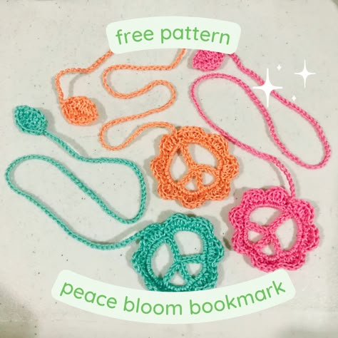 Peace + flower combo bookmark free crochet pattern! This can even be used as an all around accessory—necklace, bracelet, headband, etc. A quick project for your retro-themed parties for gifting or for your own use. Let peace bloom ☮️ Thank you @craftyemmi for the basis of the peace symbol pattern 💕 #freepattern #freecrochetpattern #retro #retroaesthetic #crochet #peaceflower" Peace Sign Crochet Pattern Free, Crochet Peace Sign, Hippie Crochet Patterns, Written Crochet Patterns, Hippie Symbols, Crochet Bookmarks Free Patterns, Crochet To Sell, Peace Flower, Crochet Necklace Pattern