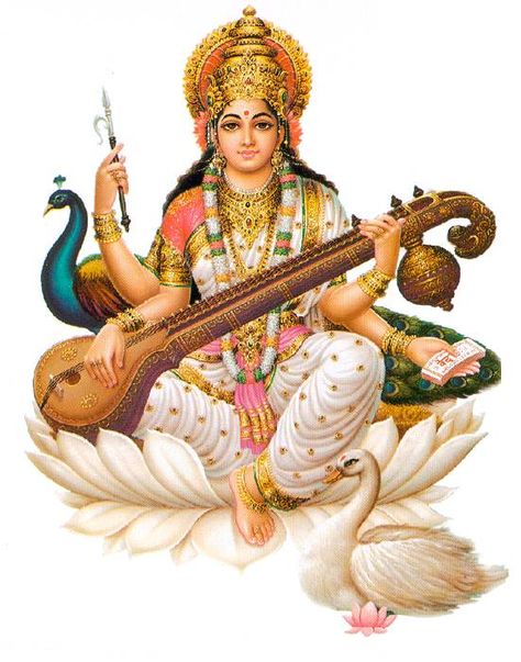 “Sarasvati’s themes are learning, wisdom and communication.  Her symbols are white flowers (especially Lotus), marigolds and swans. A Hindu Goddess of eloquence and intelligence, Sarasv… Saraswati Vandana, Saraswathi Devi, Saraswati Picture, Saraswati Mata, Mata Air, Saraswati Photo, Saraswati Devi, Saraswati Goddess, Art Sport