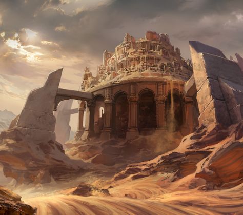 Desert Monastery Fantasy Art, Fantasy Desert Village, Desert Fantasy City, Desert Dnd, Desert Castle, Desert Kingdom, Desert Ruins, Fantasy Desert, Desert Artwork