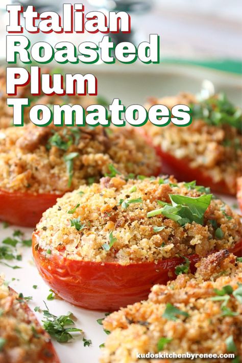 Italian Roasted Plum Tomatoes are sweet, soft, crunchy, and deliciously seasoned. Topped with breadcrumbs, cheese, and lemon zest, they're outstanding! #bbqsidedish #roastedtomatoes #parmesancheese #frenchfriedonions #lemonzest #brunch #breakfast #tomatoes #easysidedish #kudoskitchenrecipes Roasted Plum Tomatoes, What To Do With Plum Tomatoes, Breakfast Tomatoes, Breadcrumbs Recipe, 2023 Recipes, Italian Breadcrumbs, Easy Vegetable, Vegetarian Side Dishes, Side Dishes For Bbq