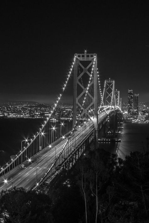 Treasure Island, Bay Bridge, Looking Back, At Night, San Francisco, Bridge, Black And White, White, Black