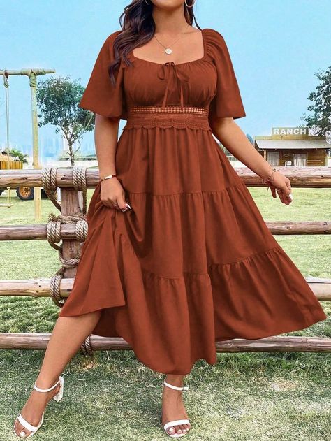 Elegant Embroidered Plus Size Dress With Henley Neckline Rust Brown Casual  Short Sleeve Woven Fabric Plain A Line Non-Stretch  Women Plus Clothing, size features are:Bust: ,Length: ,Sleeve Length:[Collection] Plus Size Dress With Belt, Plus Size Peasant Dress, Dress For Apple Shape Women Plus Size, Plus Size Dresses Fall, Plus Size Dresses Modest, Plus Size Fall Dress Outfits, Dresses For Plus Size Women Casual, Dress For Fat Belly Women, Dresses For Mid Size Women