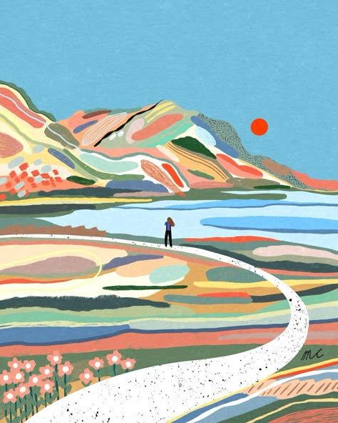 New Beginnings Illustration, Marina Ester Castaldo, New Beginning Illustration, New Beginning Art, Mountain Landscape Illustration, Abstract Art Projects, Surf Painting, Modern Landscape Painting, Illustration Landscape