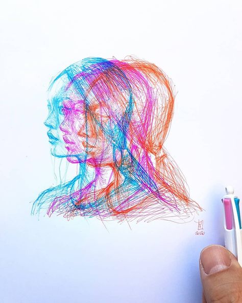 Alberto Russo on Instagram: “little drawings to explain my "Cyan - Magenta - Orange" process - Colored ballpoint pens on paper - #drawing #dessin #ballpointpen #disegno…” Pen Art Colorful, Ballpoint Pen Drawing Sketches, Biro Drawing, Little Drawings, Ballpoint Pen Art, Pen Doodles, Ballpoint Pen Drawing, Pink Pens, Art Concepts