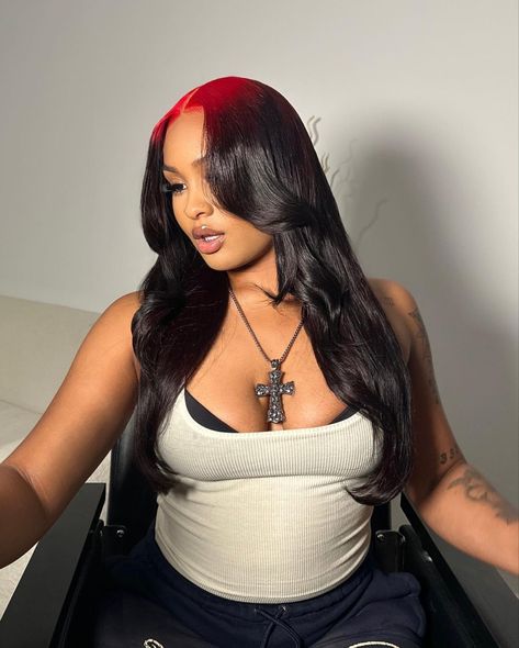 Red Root Black Hair, Dyed Roots Wig, Black Wig With Red Roots, Red Roots And Black Hair, Color Roots Black Hair, Valentine Day Hairstyles For Black Women, Valentine Hairstyles For Black Women, Black Hair With Red Roots, Black To Red Ombre Hair