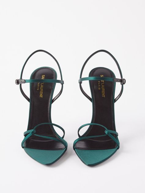 Green Clara 110 satin sandals | Saint Laurent | MATCHESFASHION US Saint Laurent Heels, Flipagram Instagram, Satin Sandals, Dr Shoes, Fashion Shoes Heels, Green Heels, Fancy Shoes, Cute Heels, Girly Shoes