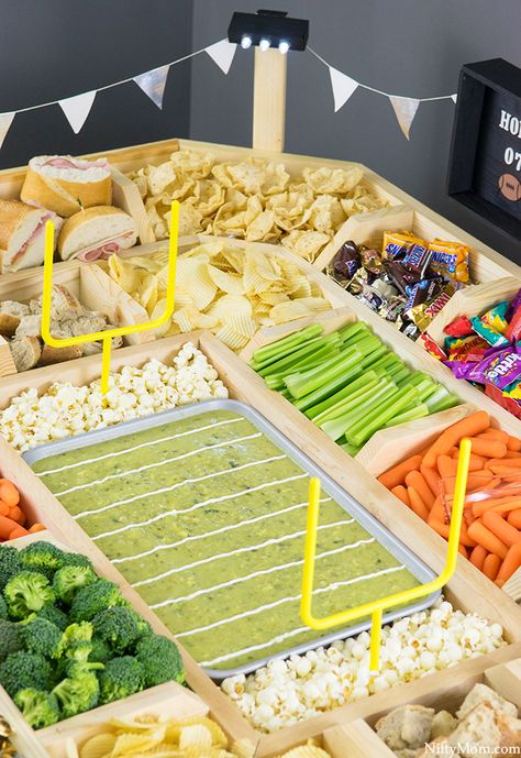 How to Make an Epic Reusable Wooden Snack Stadium – Nifty Mom Football Field Food, Football Field Charcuterie Board, Football Field Food Display, Football Stadium Charcuterie Board, Football Party Aesthetic, Football Stadium Food, Football Party Food Appetizers, Super Bowl Snack Stadium, Snack Stadium