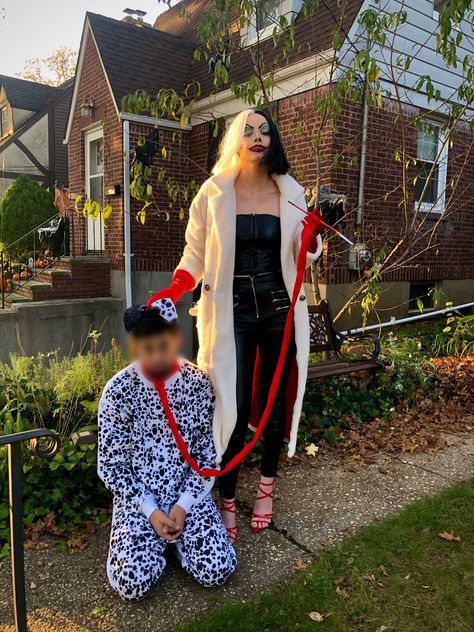 Cruella And Henchman Costume, Couple Costumes Cruella, Cruella De Vil And Dalmation Costume, 101 Dalmatians Couple Costume, Cruella Deville Costume With Dog, Cruelly Deville Couple Costume, Cruelly And Dalmatian Costume, Cruella Deville And Dalmation Costume, Cruella Couple Costume