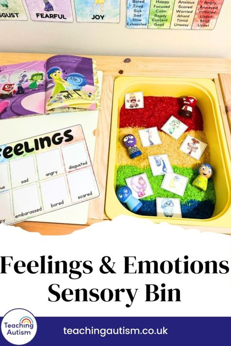 This feelings and emotions sensory bin has been a huge hit for us! We love watching the Inside Out films to get a deeper and more visual experience and understanding of our feelings and emotions. I then extended this activity so that we could continue with our learning afterwards.  Check out the photos and information below in this post, including where to get all the parts.. And let me know if you try out this feelings and emotions sensory bin with your students too. Feelings Sensory Bin, Feeling Activities For Preschool, Emotions Sensory Bin, Feelings Sensory, Teaching Emotions, Feelings Activities, Social Emotional Activities, Social Emotional Learning Activities, Sensory Bin