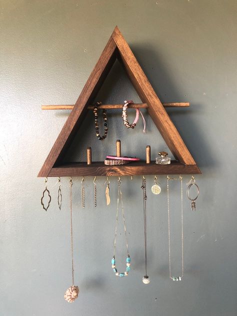 Jewelry Holder Stand, Jewerly Organizer, Triangle Jewelry, Diy Organizer, Wall Mount Jewelry Organizer, Triangle Shelf, Jewelry Organizer Wall, Diy Jewelry Holder, Necklace Storage