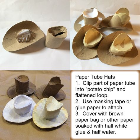 Decided to try the toilet-paper-tube cowboy hats we found on the internet.  Experimented with the brown-paper-bag faux leather rather than paint.  Time-consuming but engaging. Cowboy Hat Template, Paper Cowboy Hat, Gnome Clothes, Cowboy Hat Diy, Diy Pet Costumes, Cowboy Hat Crafts, Pioneer Crafts, Cowboy Crafts, Wild West Party