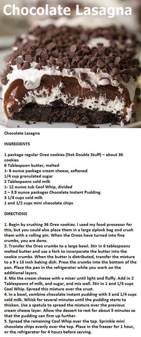 Chocolate Lasagna Recipe, Chocolate Lasagna, Lasagna Ingredients, Oreo Dessert, Monkey Bread, Thanksgiving Desserts, Lasagna Recipe, Yummy Sweets, Eat Dessert