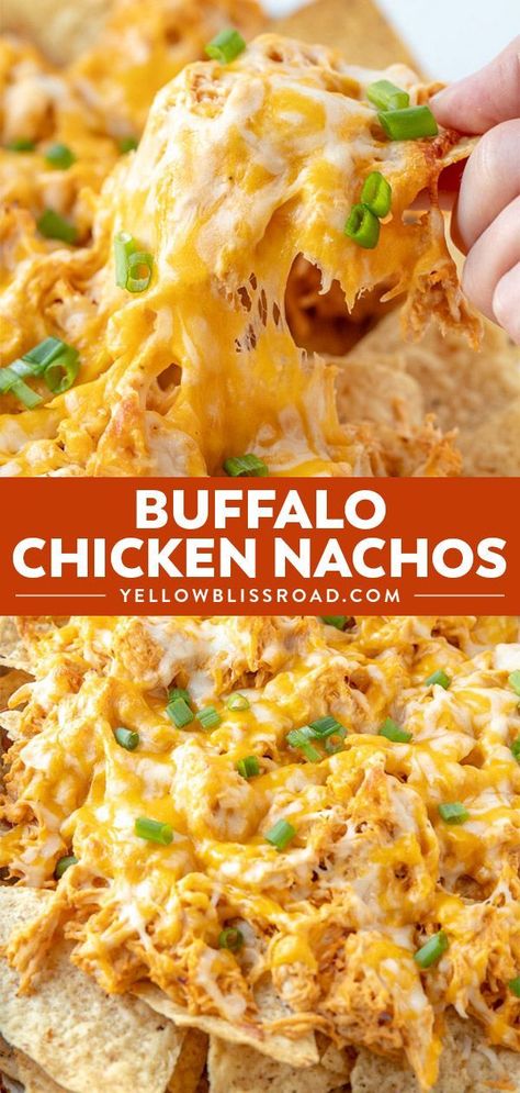 Buffalo Chicken Nachos - Crunchy tortilla chips loaded with chicken, drenched in a spicy buffalo ranch sauce and smothered in cheese! Your hungry game day crowd will love this easy appetizer! #appetizers #dinner #gameday via @yellowblissroad Buffalo Ranch Sauce, Buffalo Chicken Nachos Recipe, Nachos Recept, Buffalo Chicken Nachos, Chicken Nachos Recipe, Ranch Sauce, Easy Buffalo Chicken, Tortilla Wrap, Buffalo Ranch