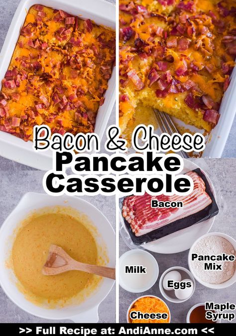 Easy Bacon Egg Cheese Casserole, Bacon Egg And Cheese Pancake Casserole, Bacon Pancake Casserole, Bacon Egg Pancake Breakfast, Breakfast With Eggs And Bacon, Pancake Egg Casserole, Pancake Egg Bake, Pancake Breakfast Casserole Recipes, Easy Egg And Bacon Breakfast Ideas