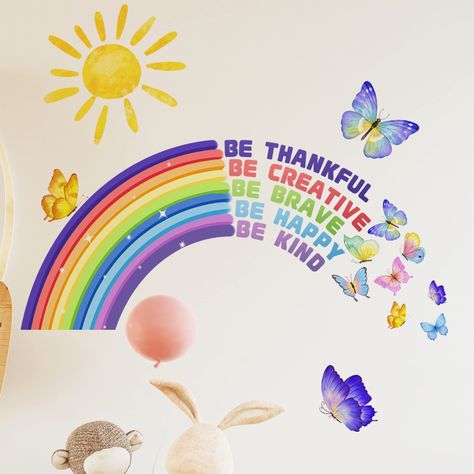 PRICES MAY VARY. 【Suitable Size 】: You will receive 2 sheets of kids wall decals,each sheet approx size is 23.6” X 11.8” inches for typesetting size. 【Premium Material 】：The kids wall stickers are made of premium vinyl and pvc material,which is safe to use, reliable,durable,never fade,not easy to tear.These colorful inspirational wall stickers can stick to any surfaces for years with the powerful backing adhesion.Also these cute wall stickers are removable without any damage or residue leaves be Butterflies Classroom, Cloud And Rainbow, Colourful Butterflies, Infant Classroom, Rainbow Wall Decal, Rainbow Wall Decor, Kids Playroom Decor, Classroom Quotes, Wall Stickers Bedroom