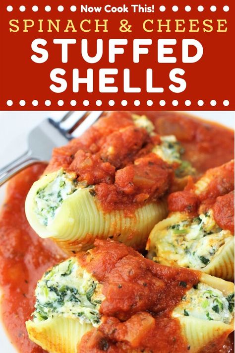 These easy Spinach and Cheese Stuffed Shells are filled with spinach, ricotta, mozzarella, and Parmesan cheeses and then baked with marinara sauce. They're a delicious and satisfying meatless dinner that everyone will love. Plus, they're freezer-friendly! Get the recipe and give them a try! Ricotta Cheese Stuffed Shells, Jumbo Shell Recipes, Stuff Shells, Gf Pasta, Italian Recipes Appetizers, Spinach Stuffed Shells, Avocado Tuna, Italian Buffet, Stuffed Shells Ricotta