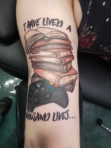 Gamer and librarian all day, every day tattoo Gamer Tattoos Small Simple, Pc Gamer Tattoo Ideas, Board Game Tattoo Ideas, Nerd Sleeve Tattoo, Gamer Tattoos Men, Tattoos For Gamers, Gamer Tattoos Small, Geek Tattoo Ideas, Gamer Tattoo Ideas