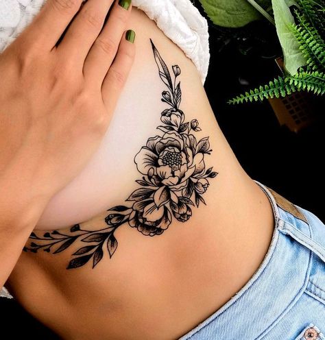 Side Rib Cover Up Tattoos Women, Name Cover Up Tattoos For Women Ribs, Cover Up Tattoos For Ribs, Flower Rib Tattoo Cover Up, Large Side Tattoos Women Cover Up, Underbreast Tattoo Scar Coverup, Ribs Cover Up Tattoo, Tattoo Cover Up Ideas Ribs, Coverup Rib Tattoo