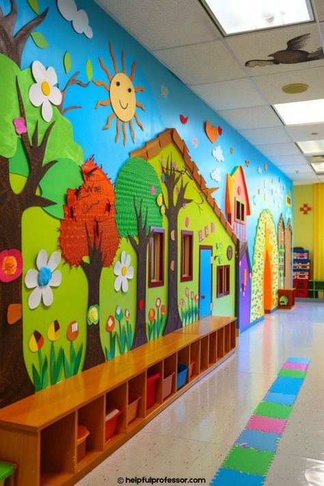 25 Classroom Wall Decoration Ideas (2024) Nursery School Decor Classroom Ideas, Preschool Designs Classroom, Daycare Room Wall Ideas, Creche Classroom Decoration, Kindergarten Wall Design, School Decorations Hallway, Play School Decor Ideas, Wall Hanging For School, Nursery Classroom Ideas