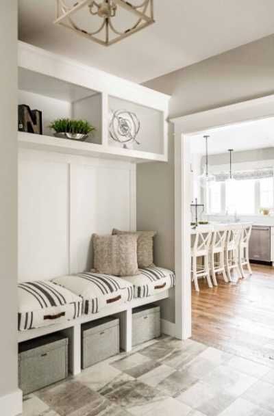 53 Modern Farmhouse Entry & Mud Room Ideas | Sebring Design Build Transitional Mudroom, Modern Farmhouse Entry, Dark Wooden Floor, Farmhouse Entry, Storage Bench With Cushion, White Storage Cabinets, Black Floor Tiles, Mudroom Ideas, Mudroom Design